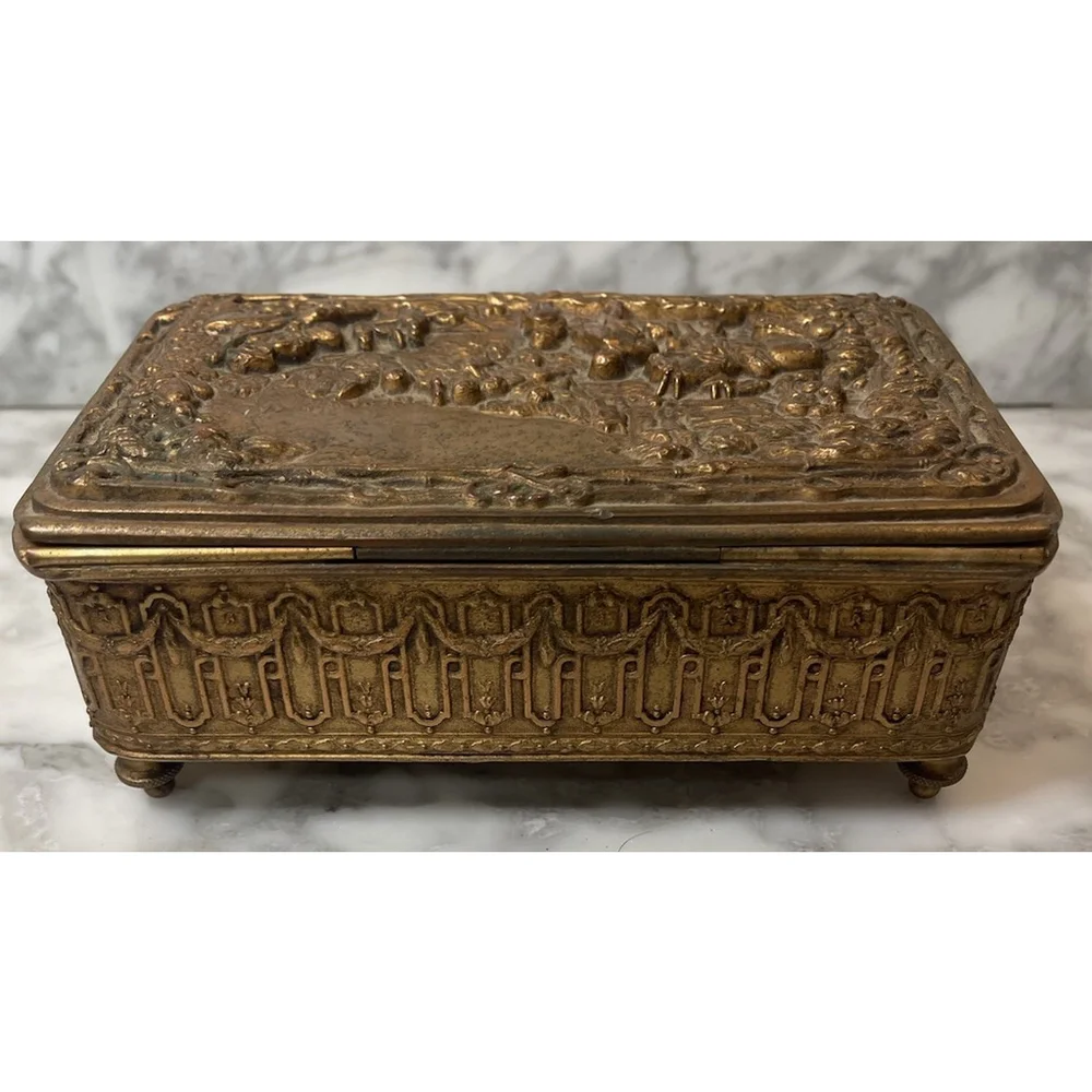 Antique Jennings Brothers Gilt Bronze Jewelry Trinket Box Relief Scene c.1900